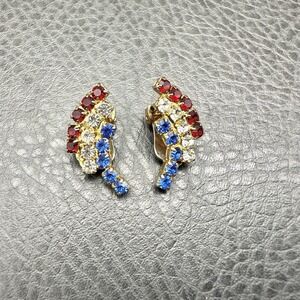 Vintage Weiss‎ Clip On Earrings Rhinestone Patriotic Costume Jewelry Gold Tone